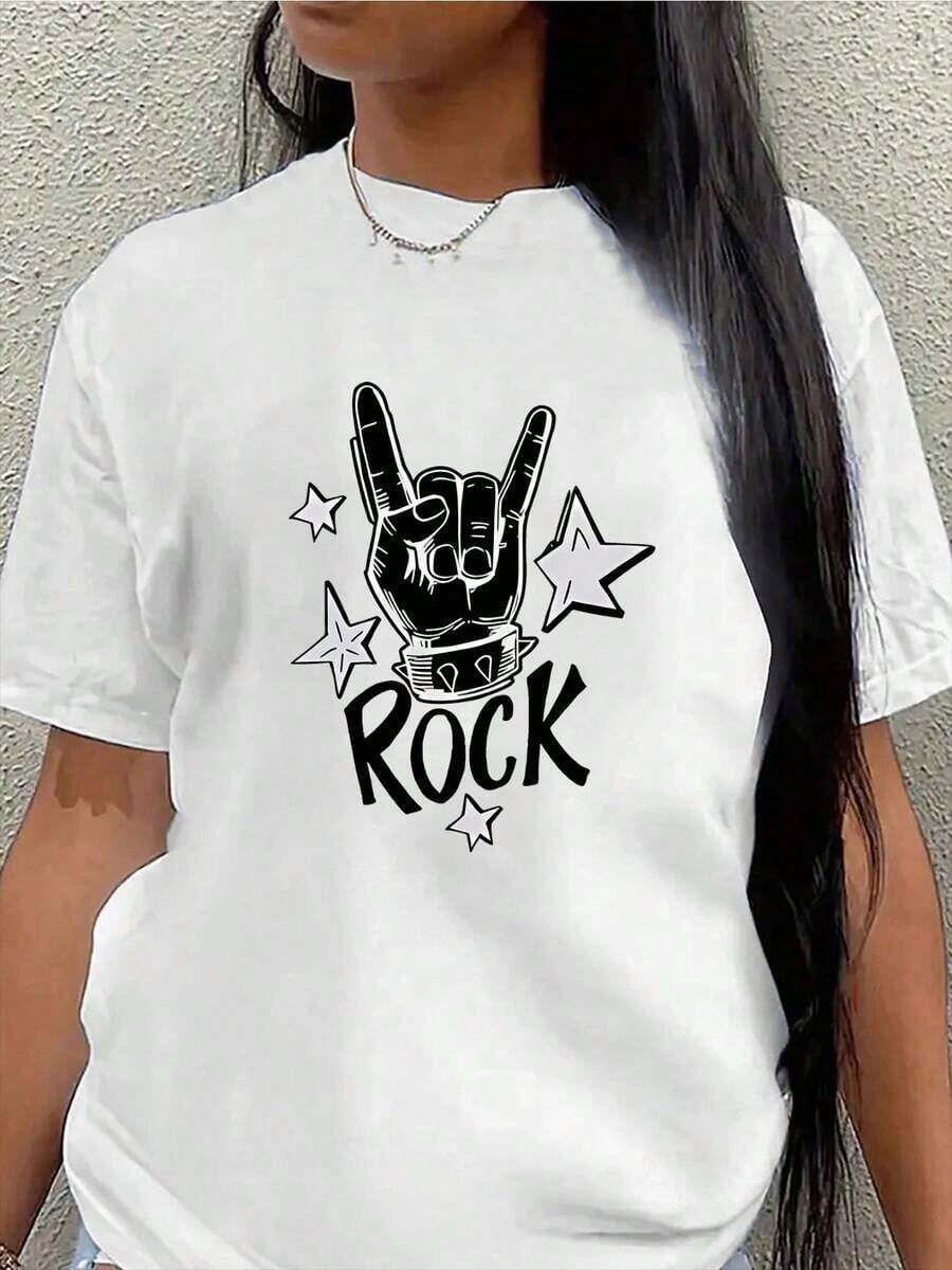 Top mujerCamiseta Rock Star de con diseño gráfico, ligera y duraderara uso casual en restaurantes o hogares, camiseta de manga cortara amantes de la músicaTendencia 2026 - Blanco - Ver 1