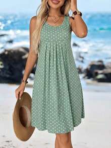 Vestido corto de verano para mujer de unicolor simple, cuello redondo, plisado y sin mangas - Verde - Ver 1