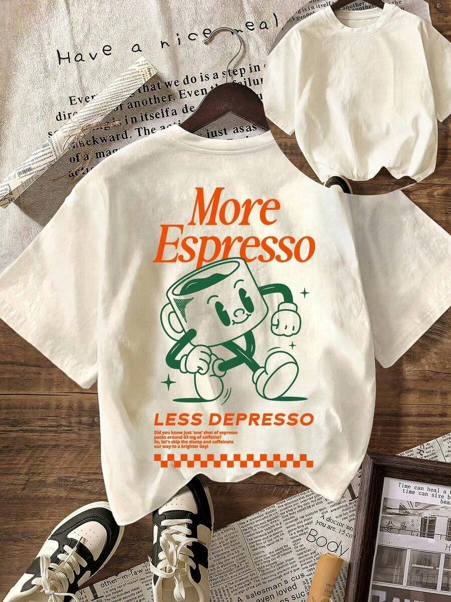 Camiseta de manga corta de cuello redondo holgada con gráfico del Club de Café Espresso, casual de verano para mujerPure-Cotton - Albaricoque 1 - Ver 1