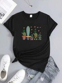 Diseño simple y versátil. Camiseta con estampado de cactus, linda y adecuada para el verano, top deportivo casual de manga corta para primavera y verano, ropa de mujer. Camiseta de algodón puro - Negro - Ver 2
