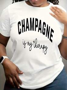 Vintage Short-Sleeved T-Shirts For Women, White Text Print T-Shirt "Champagne Is My Therapy", Casual Everyday Wear For Women And Men, Informal Style. - 白色 - 查看 6