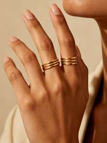 1 pièce Bague minimaliste multicouche ouverte pour femmes, plaqué or 18 carats en acier inoxydable, bague géométrique esthétique, cadeau de bijoux de mariage - Multicolore - Voir 8