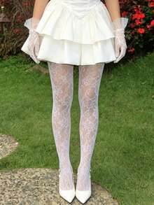 1 par de medias de rejilla de encaje floral, medias de malla transparente blanca, ajuste ceñido - Multicolor - Ver 4