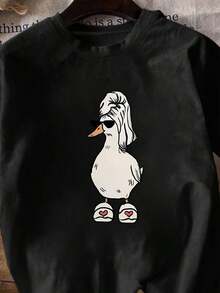 Camiseta Ligera de Moda Primavera/Verano, Nuevo Estilo, Camiseta con Estampado de Ganso Divertido, Cuello Redondo para Mujer, Estampado Animal, Moda Veraniega Fresca, Manga Corta, Atuendo Casual Diario, 100% Algodón - Negro - Ver 3