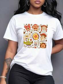 Figuras coloridas de personajes animados que representan amistad aventura y diversión en un estilo retro divertido camiseta para mujer casual de manga corta cómoda y moderna,Camiseta de mujer elegante. - Blanco - Ver 7