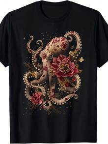 Unisex T-Shirt Made Of Pure Cotton, Casual Style. Features Include A Black Octopus Design, Adorned With Red Flowers And Gold Accents. Suitable For Summer, Summer Clothing, Women's And Men's Summer Outfits. Creative Design, Cool Style, Fun Design, Great For Outdoor Play. - Black - View 1