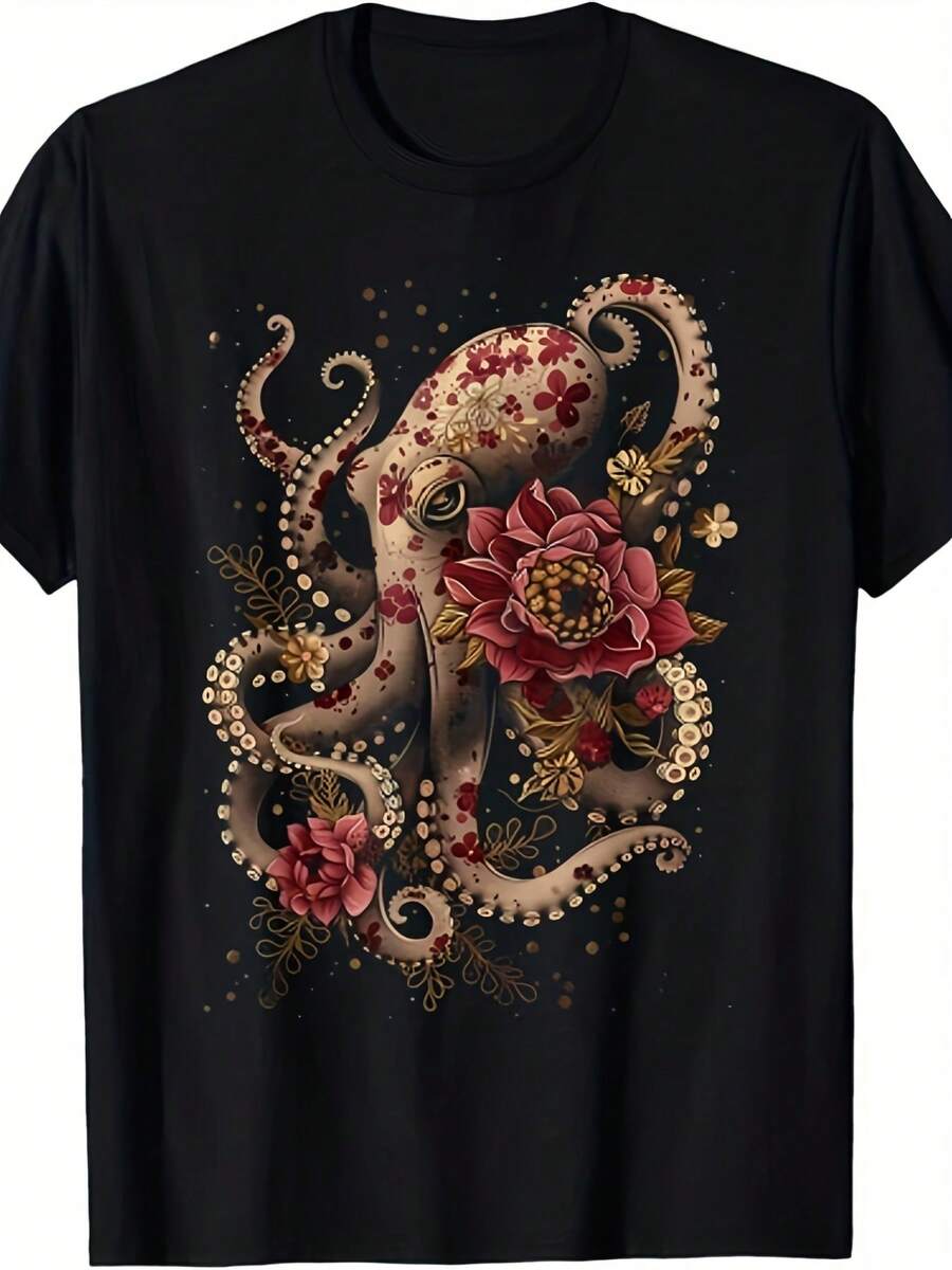 Unisex T-Shirt Made Of Pure Cotton, Casual Style. Features Include A Black Octopus Design, Adorned With Red Flowers And Gold Accents. Suitable For Summer, Summer Clothing, Women's And Men's Summer Outfits. Creative Design, Cool Style, Fun Design, Great For Outdoor Play. - Black - View 1