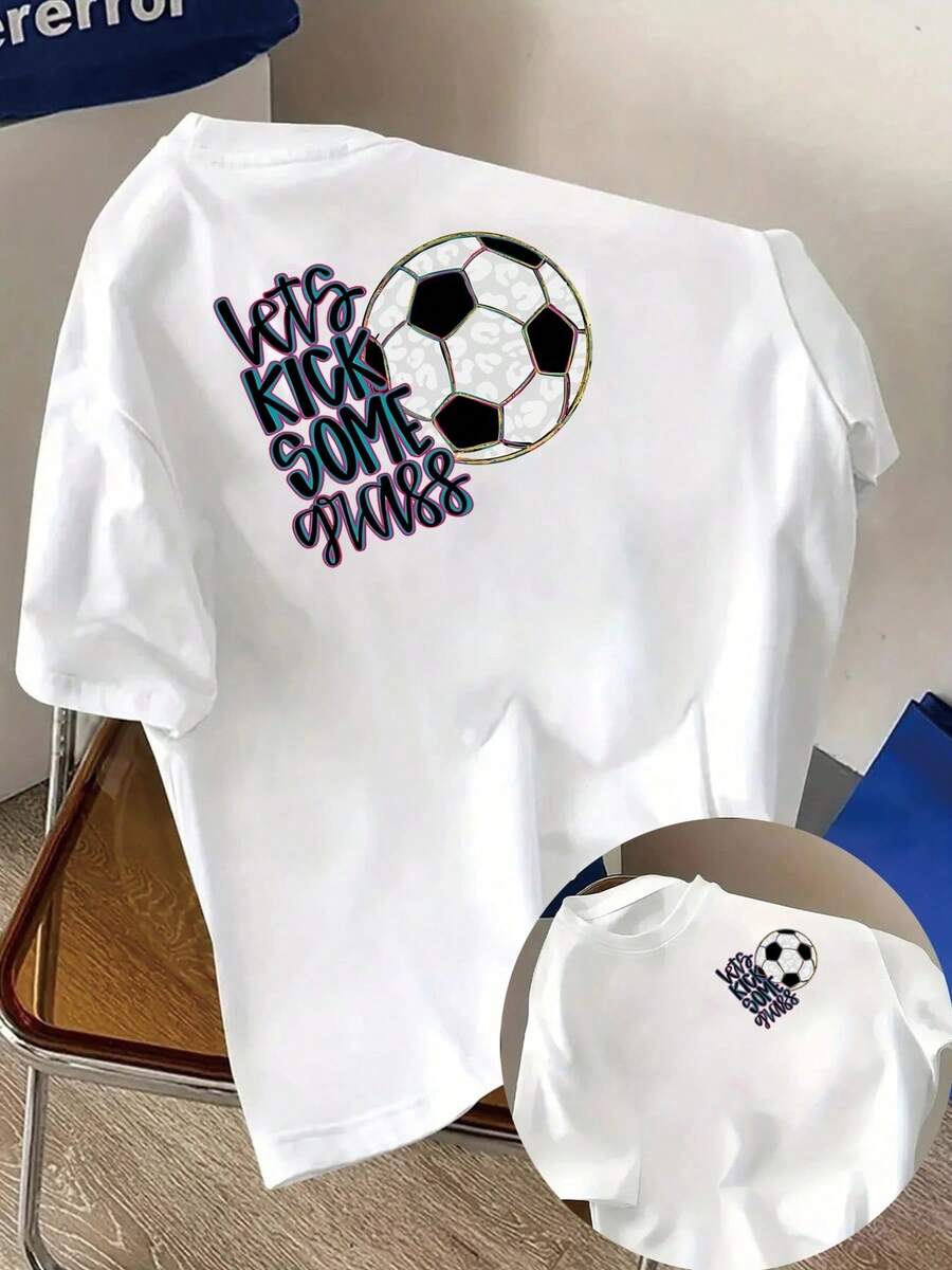 Short-Sleeved T-Shirt With Front And Back Print, Football Motif, "Kicking Glass", One-Piece Casual T-Shirt For Women, Casual Round Neck And Short-Sleeved Top, For Summer And Spring, Women's Clothing. - White - View 1