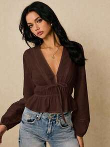 Camisa casual de mujer de unicolor con cuello en V y detalle de nudo en la parte delantera, de manga larga - Café integral - Ver 7