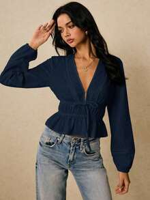 Camisa casual de mujer de unicolor con cuello en V y detalle de nudo en la parte delantera, de manga larga - Azul marino - Ver 4
