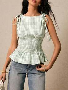 Blusa de cuadros verdes con cuello redondo, cintura con lazo y volantes en el bajo, hombros con lazo, para verano, tops de mujer, tops de verano, tops de concierto, tops de playa, tops con volantes, tops con lazo delantero, tops bohemios, tops de - Verde - Ver 5