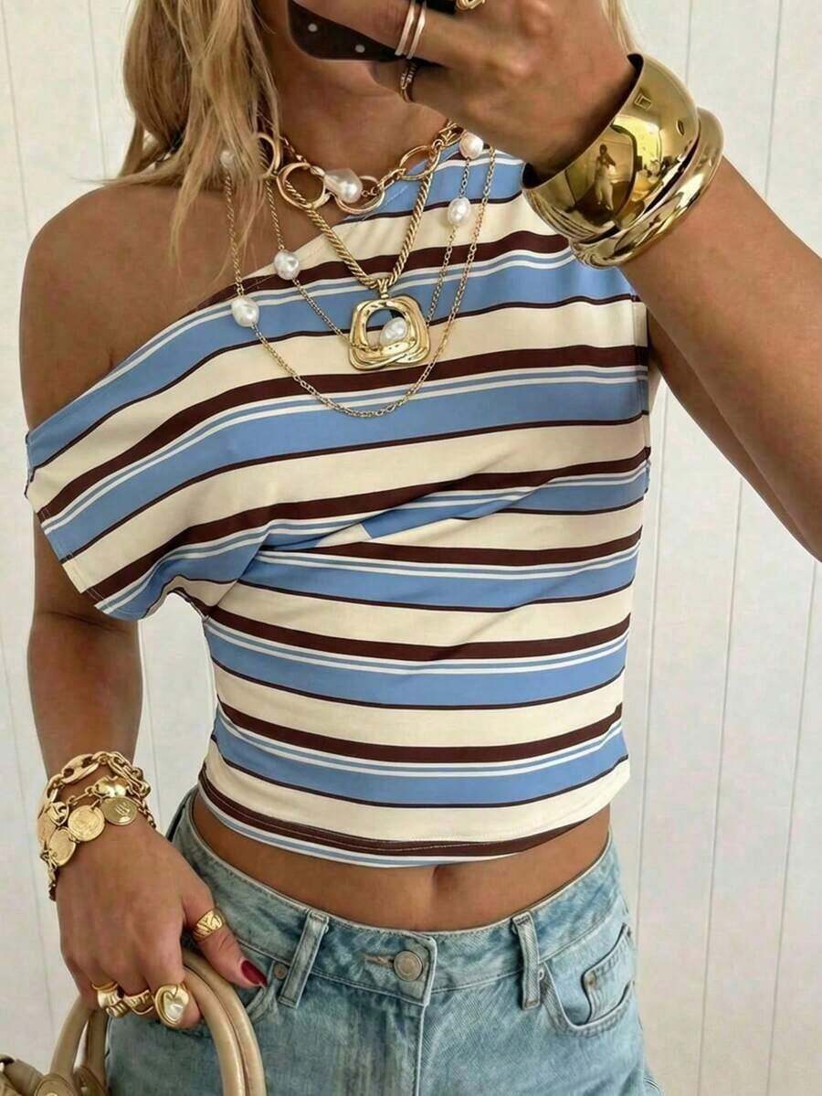 Top corto asimétrico fruncido para mujer - Multicolor 9 - Ver 1