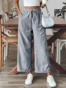 Pantalones sueltos holgados de mujer con estampado de rayas, cintura con cordón y bolsillos, versátiles - Azul marino - Ver 4