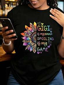 1 Piece Women's T-Shirt With "Gigi Is My Name", "Spoiling Is My Game", Rainbow, Sunflower And Leopard Print Design, For Gift To Grandma Or Family, Casual Wear, 180g, 100% Cotton - 黑色 - 查看 5
