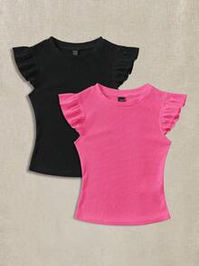 Set de 2 tops de camiseta de cuello redondo ajustados de tela acanalada en negro y rojo rosa, apropiados para verano con mangas con volantes, adecuados para salir - Multicolor 8 - Ver 10