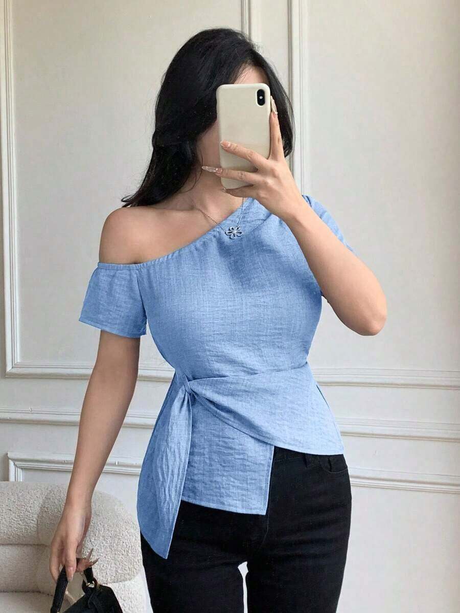 Blusa casual elegante de hombros con nudo, de corte slim para mujeres - Celeste - Ver 1