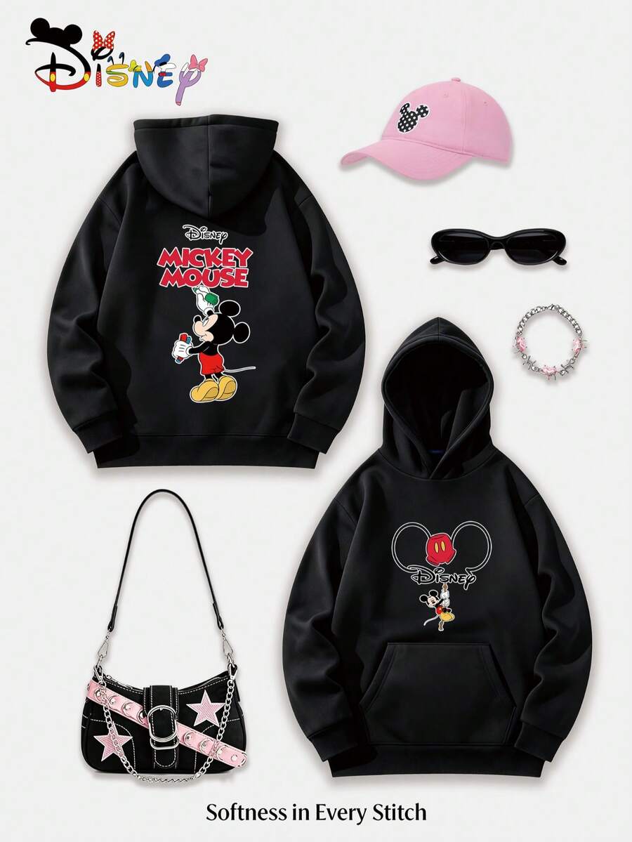 Disney Classic Y2K Printed Sweatshirt "MICKEY MOUSE" - A Fun And Versatile Loose-Fitting Top With A Casual Design, Perfect For The Holidays And As A Gift. (Women's Autumn/Winter Clothing/Elegant Women's Outfits/Patterned Hoodies/Printed Tops/Casual Outfits For Women/Women Trending Now/Holiday Co-Ord/Plus Size Friendly) - màu đen - Xem 1