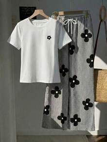 2 piezas Conjunto de top de manga corta con estampado floral bordado falso y rayas y pantalones a rayas, atuendo casual adecuado para el uso diario, citas, fiestas, otoño/invierno/verano, Navidad, Año Nuevo, Acción de Gracias, fiestas, bodas, - Multicolor - Ver 3