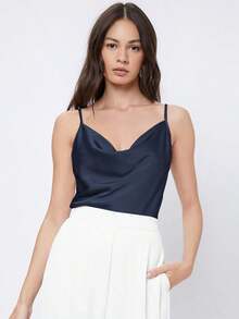 Top de satén sin mangas para mujer, elegante y romántica de unicolor, para uso casual y de negocios, adecuada para oficina, diario, otoño - Azul marino - Ver 7