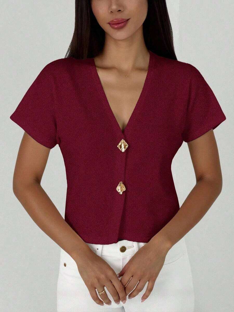 Cárdigan delgado de mujer con contraste de color retro, adecuado para salidas, estilo callejero, aeropuerto, vacaciones en la playa, viajes al trabajo, fiestas de boda, festivales, estilo bohemio, romántico y elegante - Burdeos - Ver 1