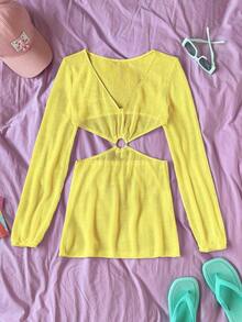 Vestido camisa de mujer con cuello en V, recorte en la cintura y manga larga - Amarillo - Ver 6