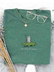 Women's Short Sleeve T-Shirt With Round Neck And Beach Sun Embroidery - 青碧色 - 查看 3