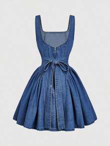MOD Vestido de mezclilla casual de verano para mujer con cuello cuadrado y mangas acanaladas sin mangas - Azul lavado medio - Ver 2