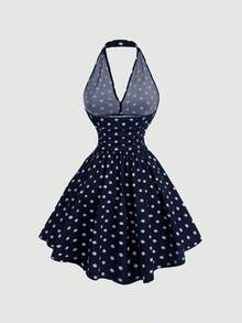 Vestido de fiesta elegante de mujer con estampado de cerezas, escote halter, espalda descubierta y cintura fruncida - Azul marino - Ver 2