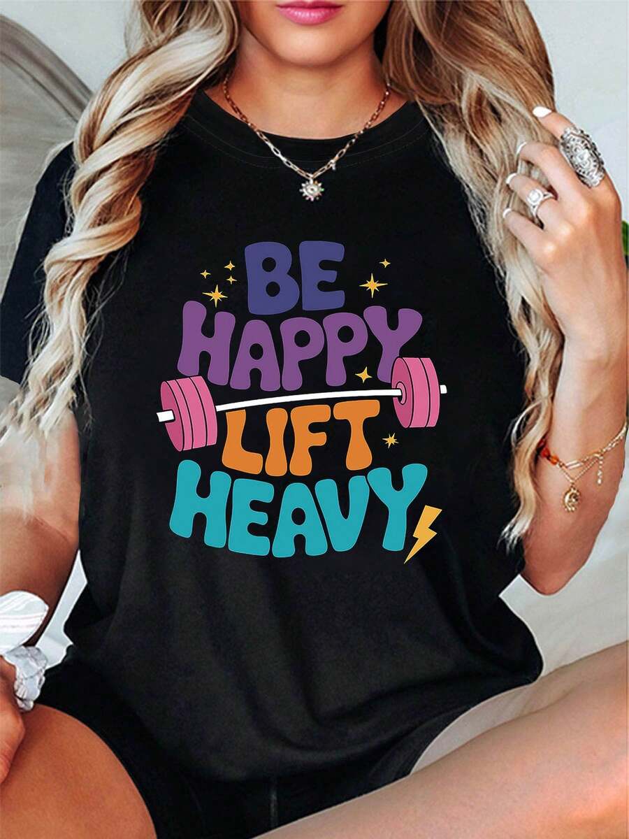Camiseta manga corta cuello redondo 100% algodón, estampado trendy, tejido ligero y ventilado, estilo moda casual, apta para vida diaria, salidas informales y citas en primavera, verano y otoño - Negro - Ver 1