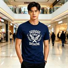 Camiseta con estampado GARAGE CREW de estilo urbano europeo y americano, de corte holgado para hombre, de algodón puro, cuello redondo y manga corta, versátil para estudiantes. - Blanco - Ver 11