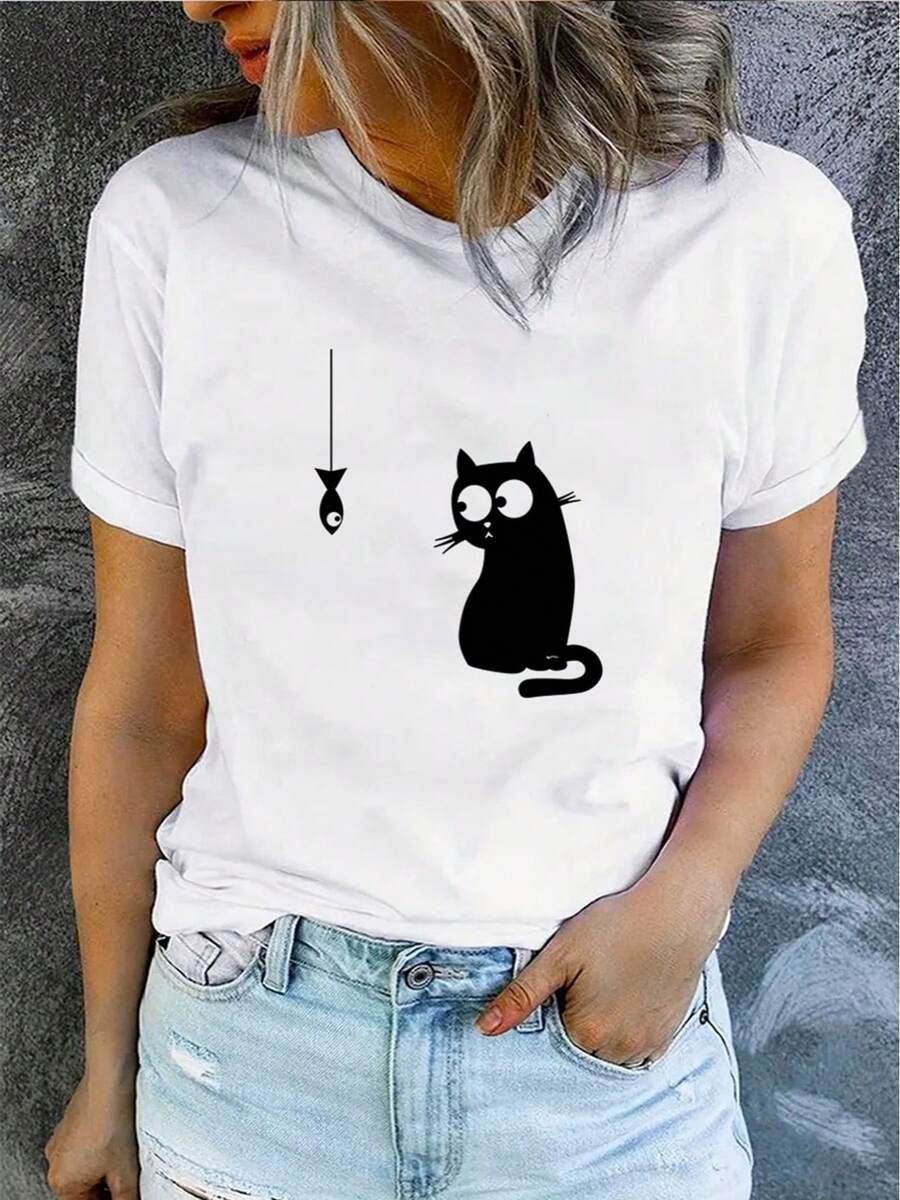 Women's Casual Spring Summer Short Sleeve T-Shirt With Cat Fishing Print, Loose Round Neck - 白色的 - 查看 1