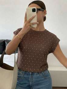 Camiseta casual de cuello redondo de manga corta de unicolor con textura de gofre, cómoda para el verano - Marrón - Ver 7