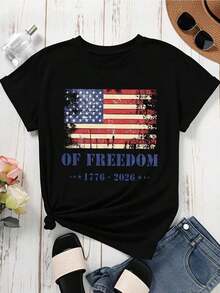 1 Piece Women's Crew Neck T-Shirt With American Flag Of Liberty 1776-2026 Print, Short Sleeve, Casual Style For Independence Day Celebration, 180g 100% Cotton - 黑色 - 查看 3