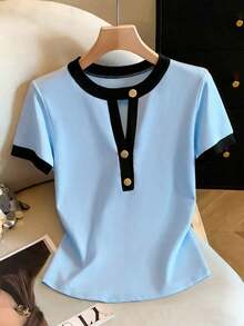 Blusa de mujer de cuello redondo con ribete de contraste, abotonadura metálica de media cartera, manga corta, ajustada y acortada.Top amarillo claro, top amarillo, top amarillo pastel, top de verano, top amarillo lindo, top amarillo para m - Azul - Ver 6