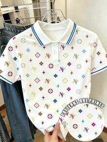 Camiseta de manga corta con media cremallera y estampado de letras casual para mujer, de verano - Multicolor 4 - Ver 1