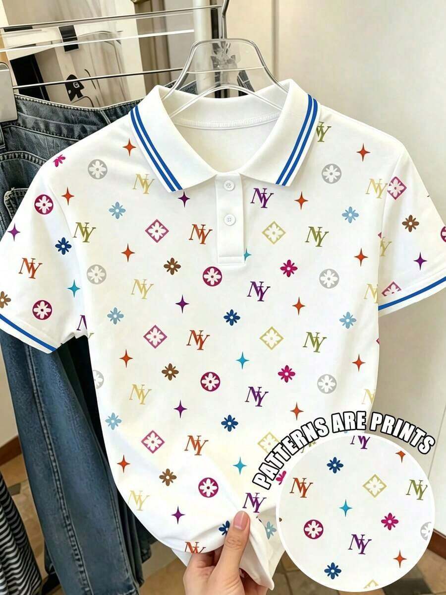 Camiseta de manga corta con media cremallera y estampado de letras casual para mujer, de verano - Multicolor 4 - Ver 1