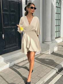 Vestido mini envolvente de unicolor con cuello en V para mujer - Albaricoque 2 - Ver 5