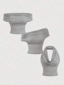 Set de 3 camisetas de tirantes plisadas de unicolor, versátiles y elegantes para el verano - Gris - Ver 3
