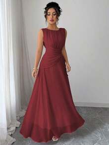 Vestido maxi casual, romántico, vintage y elegante de gasa para mujer con cordón en la cintura, para la playa, el té de la tarde, fiestas de noche, uso diario, sin mangas, de unicolor, vestido largo, primavera/verano - Burdeos - Ver 6