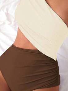 Swim 1 pieza Traje de baño de una pieza para mujer con diseño calado y fruncido en color liso - Marrón 2 - Ver 3