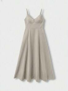 Vestido midi elegante de mujer con cuello en V, vestido de tirantes de mezcla de lino con corte evasé y espalda descubierta, adecuado para vacaciones, playa, boda, fiesta de cóctel - Blanco marfil - Ver 5