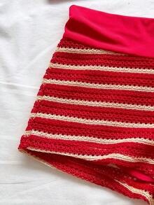 2 piezas Conjunto de camiseta de tirantes y pantalones cortos de punto a rayas con hebilla de metal, estilo casual de vacaciones, adecuado para fiesta, San Valentín, cita, discoteca, bohemio, vacaciones, otoño, ropa de mujer, vintage, días fest - Multicolor 5 - Ver 4