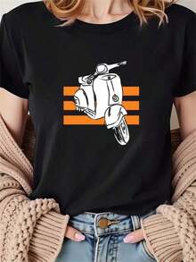 1pscTalla Grande - Camiseta Negra de Manga Corta con Cuello Redondo y Estampado de Dibujos Animados | Ajuste cómodo, lavable, estilo casual, diseño moderno, tela suave, ideal para fiestas festivas, camiseta de algodón puro de alta calidad con estampado minimalista, tela suave y transpirable, cómoda y holgada, adecuada para uso diario, ideal para ropa casual de oficina, apariencia diaria de primavera y verano, ropa de manga corta elegante y juvenil para mujer, 100% algodón. - Negro - Ver 6