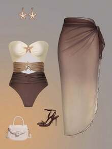 Swim Oasis Conjunto de playa de 2 piezas con traje de baño de una pieza con escote halter, recortes, parches de colores, decoración metálica con efecto océano y falda de malla degradada para mujer, primavera/verano - Caqui - Ver 6