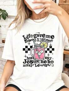 Camisetas 100% Algodón con Estampado Divertido "La Vida Me dio Limones, Pero Mi Jesús Está Haciendo Limonada" para Mujer, Estilos Cómodos y Acogedores de Verano, Adecuadas para el Uso Diario Casual de Mujeres, Ideales para primavera, verano y otoño. - Blanco - Ver 1