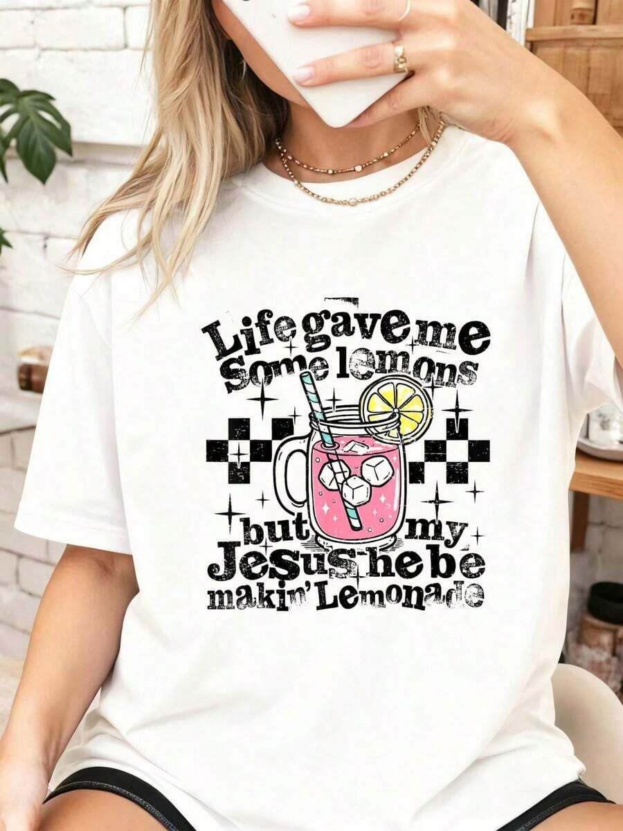 Camisetas 100% Algodón con Estampado Divertido "La Vida Me dio Limones, Pero Mi Jesús Está Haciendo Limonada" para Mujer, Estilos Cómodos y Acogedores de Verano, Adecuadas para el Uso Diario Casual de Mujeres, Ideales para primavera, verano y otoño. - Blanco - Ver 1