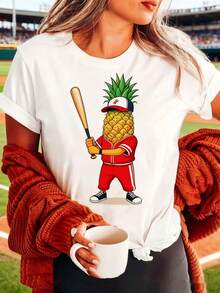 Camiseta gráfica de béisbol de piña para mujer - Camiseta casual de cuello redondo súper suave de verano transpirable, Cárdigan rojo estilo drapeado, oda para eventos de campo de béisbol, Top moderno y cómodo para uso diarioRopa diaria para chicas dulces o estudiantes ,Ropa fresca y sin sudor en verano,Traje de fiesta elegante,T-shirt para damas elegantes,Blusas adecuadas para mujeres con curva, - Blanco - Ver 1