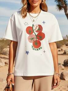 Versatile Casual Women's T-Shirt, Made From Pure Cotton For Superior Comfort, Simple Design For Effortless Everyday Style. 2026 Hit: Women's Short-Sleeve T-Shirt, Retro Plaid Style With Tomato Print, Cool Country Style, Loose Fit For Spring/Summer! - 白色 - 查看 1
