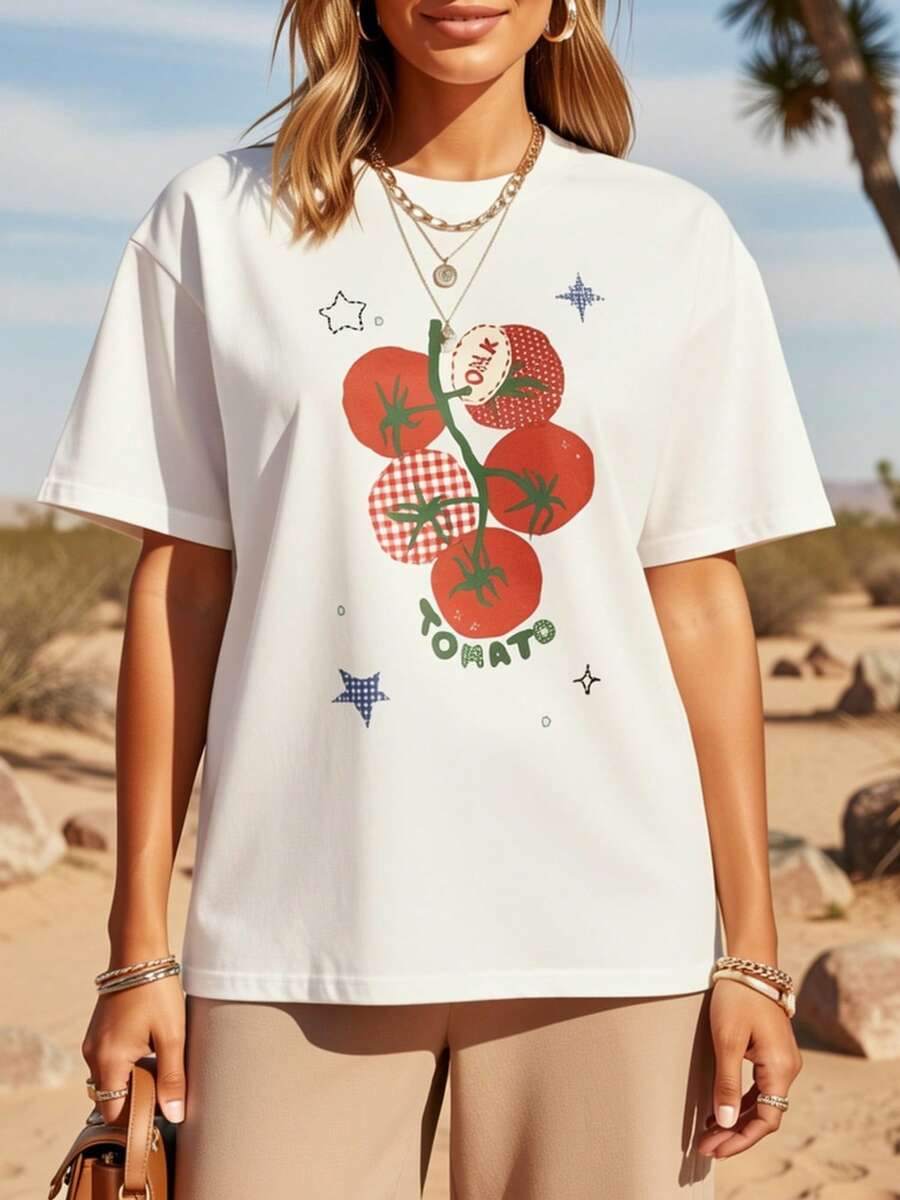 Versatile Casual Women's T-Shirt, Made From Pure Cotton For Superior Comfort, Simple Design For Effortless Everyday Style. 2026 Hit: Women's Short-Sleeve T-Shirt, Retro Plaid Style With Tomato Print, Cool Country Style, Loose Fit For Spring/Summer! - 白色 - 查看 1