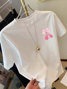 Camisetas de manga corta de talla grande para mujer, ideales para el verano, tops básicos para el día a día, camiseta de manga corta con paneles frontales y traseros - Guantes de boxeo rosados, decoración de lazo, estampado moderno - Camiseta estampada de primavera/verano para mujer, artículo de moda, transpirable y cómoda. - Blanco - Ver 3